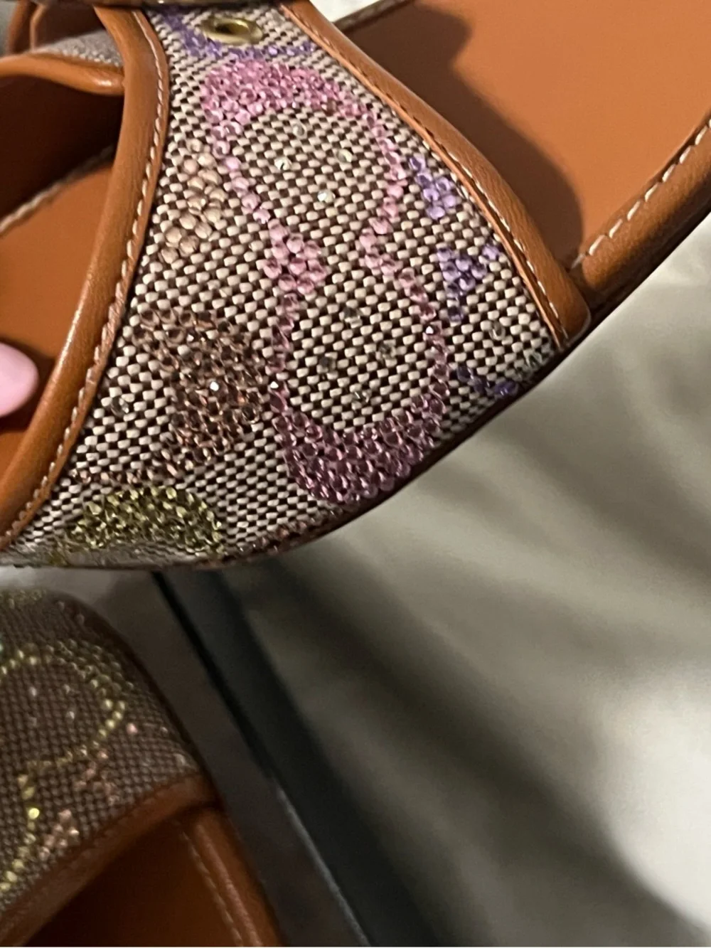 Coach Tan Leather Slide Sandals with Multicolor Woven Strap - Picture 7 of 12